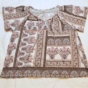 Lucky Brand Cream and Brown Boho Patchwork Peasant Top